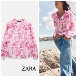 ZARA Pink Floral Sheer Ruffle Blouse XS Romantic Boho like new